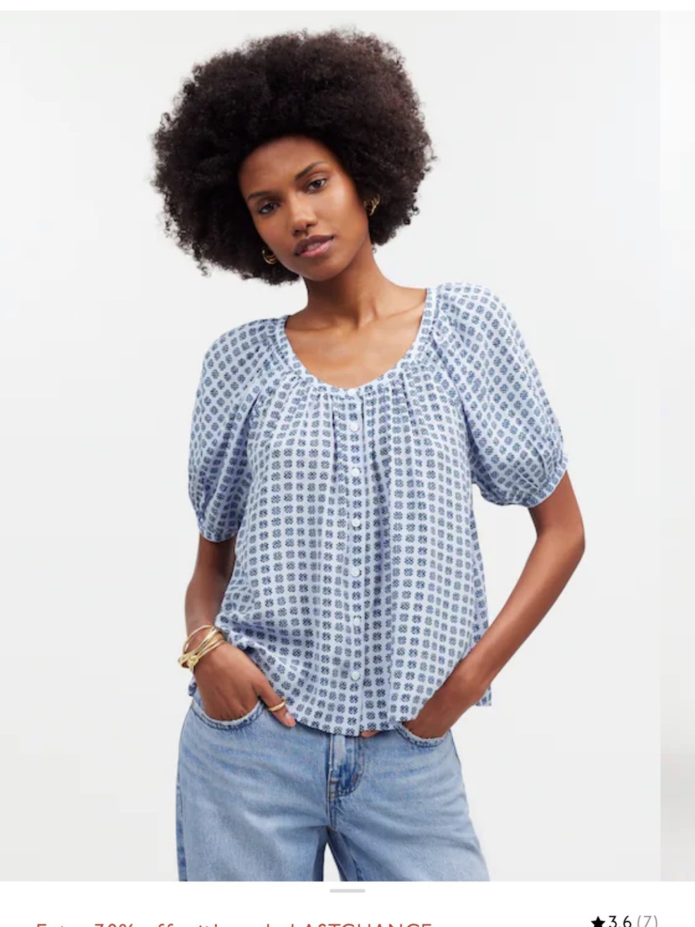 Light Blue Floral puff sleeve Button-Front Women's Top medium Madewell